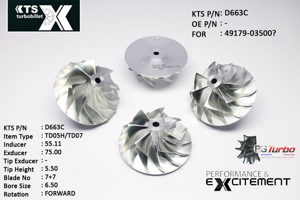 Turbo ROUE FORGÉE MFS PERFORMANCE - 7+7 PALES - INDUCER : 55,11 - EXDUCER : 75 - TYPE : TD05H/TD07ANGLE : 45° - ROTATION : Forward - SUPER BACK : 2,7 - BORE SIZE : 6,5
